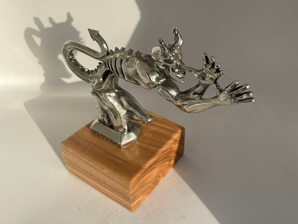 Detailed polished pewter hood ornament from the Big B Customs Speed Demon series