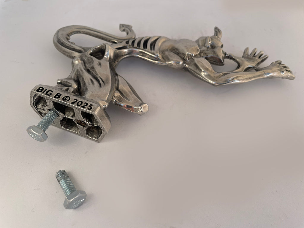 Custom Speed Demon hood ornament hand-sculpted and cast in solid pewter metal with 1/4 20 threaded insert to attached to your ride