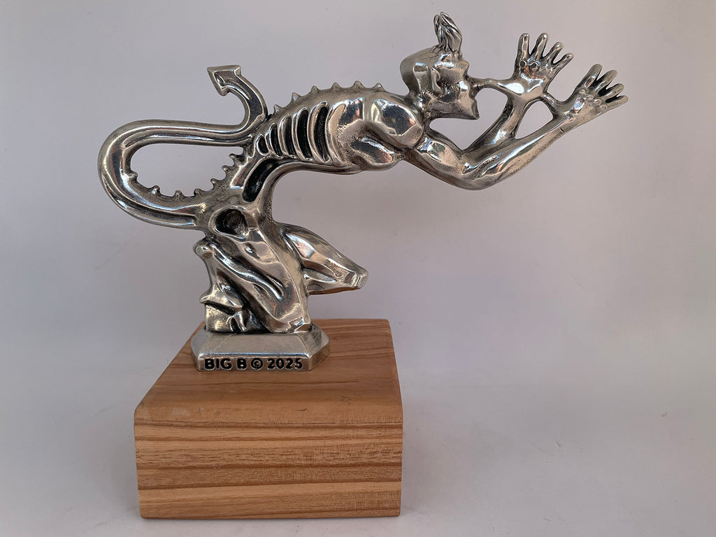 Handcrafted Speed Demon hood ornament sculpted in solid polished pewter metal